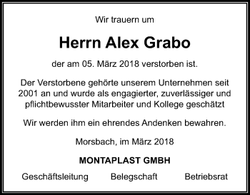Anzeige von Alex Grabo von Kölner Stadt-Anzeiger / Kölnische Rundschau / Express