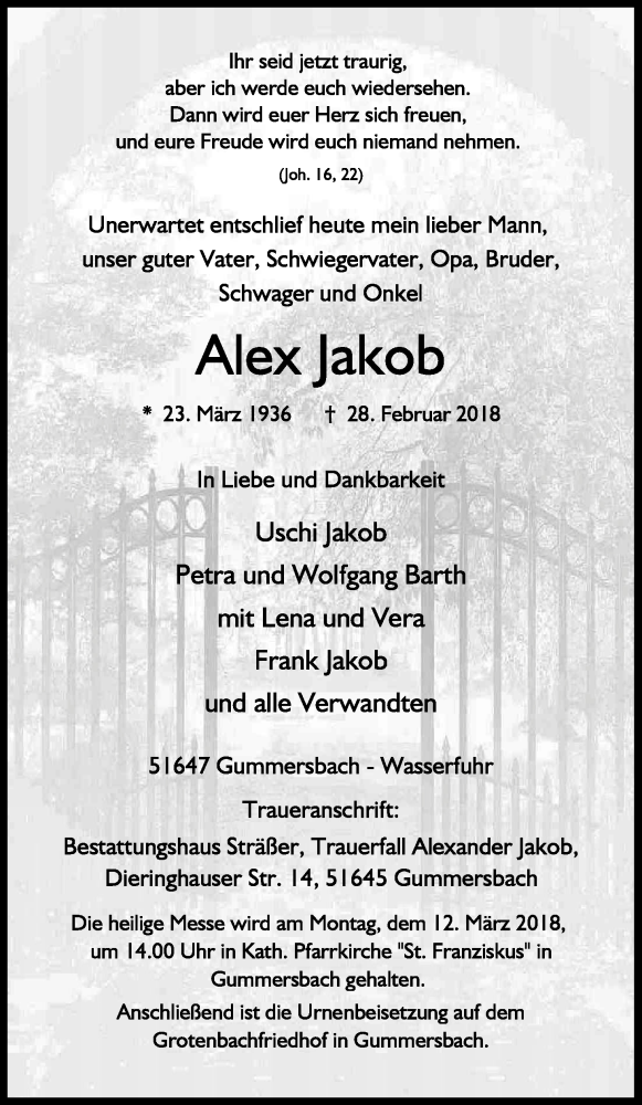  Traueranzeige für Alex Jakob vom 06.03.2018 aus Kölner Stadt-Anzeiger / Kölnische Rundschau / Express