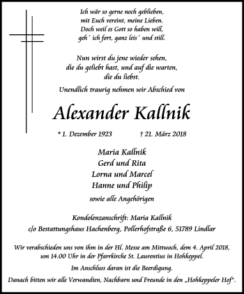 Anzeige von Alexander Kallnik von Kölner Stadt-Anzeiger / Kölnische Rundschau / Express