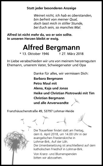 Anzeige von Alfred Bergmann von Kölner Stadt-Anzeiger / Kölnische Rundschau / Express