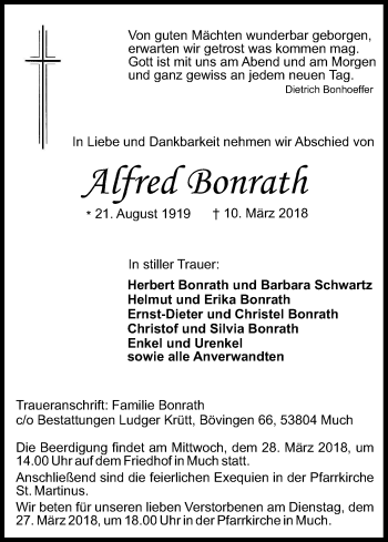 Anzeige von Alfred Bonrath von Kölner Stadt-Anzeiger / Kölnische Rundschau / Express