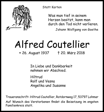 Anzeige von Alfred Coutellier von Kölner Stadt-Anzeiger / Kölnische Rundschau / Express