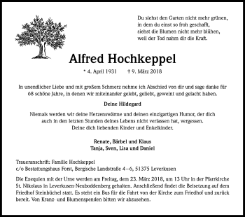 Anzeige von Alfred Hochkeppel von Kölner Stadt-Anzeiger / Kölnische Rundschau / Express