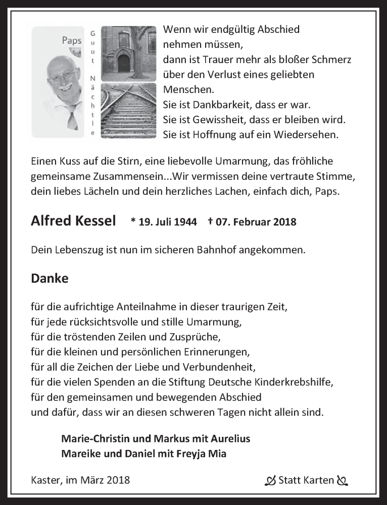  Traueranzeige für Alfred Kessel vom 28.03.2018 aus  Werbepost 