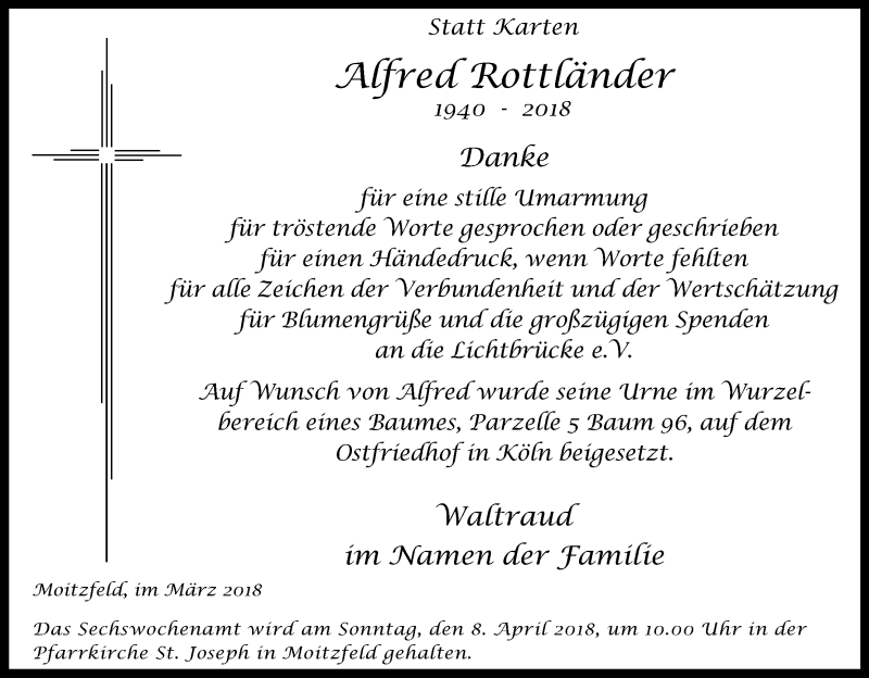  Traueranzeige für Alfred Rottländer vom 31.03.2018 aus Kölner Stadt-Anzeiger / Kölnische Rundschau / Express
