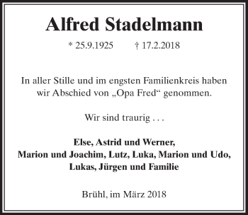 Anzeige von Alfred Stadelmann von  Schlossbote/Werbekurier 