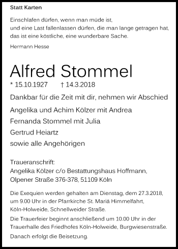 Anzeige von Alfred Stommel von Kölner Stadt-Anzeiger / Kölnische Rundschau / Express