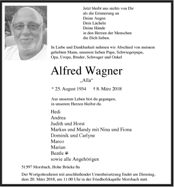 Anzeige von Alfred Wagner von  Lokalanzeiger 
