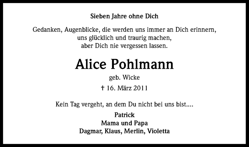  Traueranzeige für Alice Pohlmann vom 16.03.2018 aus Kölner Stadt-Anzeiger / Kölnische Rundschau / Express