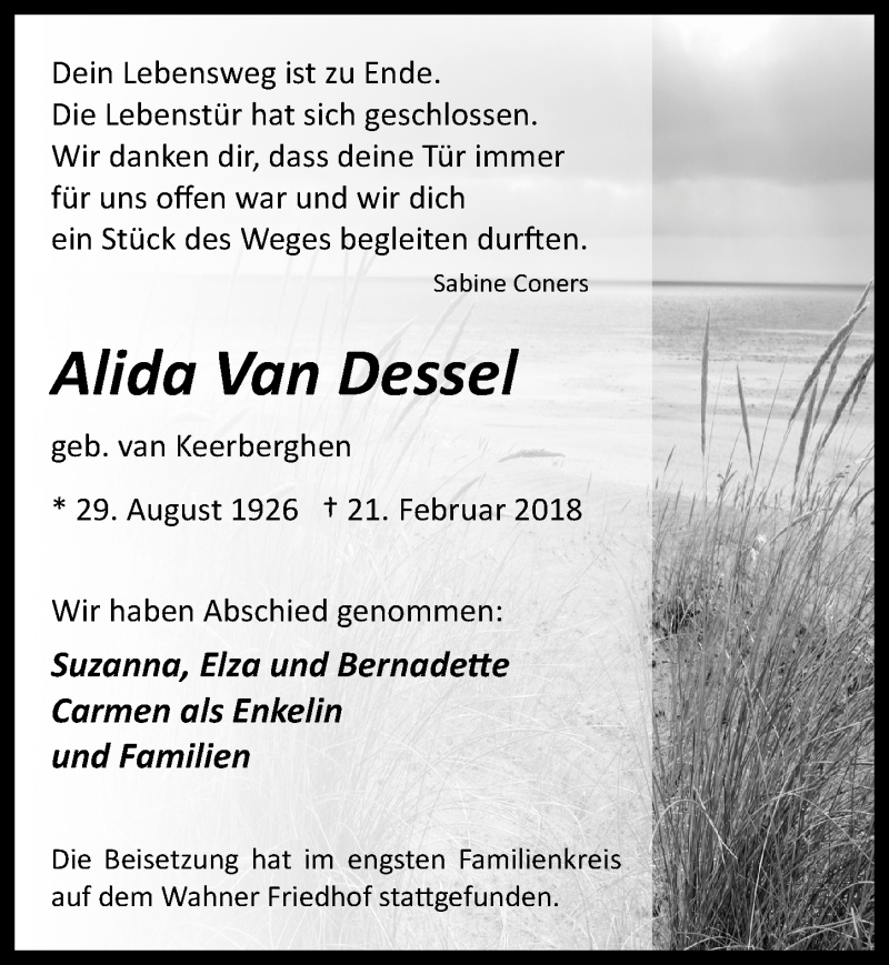  Traueranzeige für Alida  Van Dessel vom 14.03.2018 aus  Kölner Wochenspiegel 