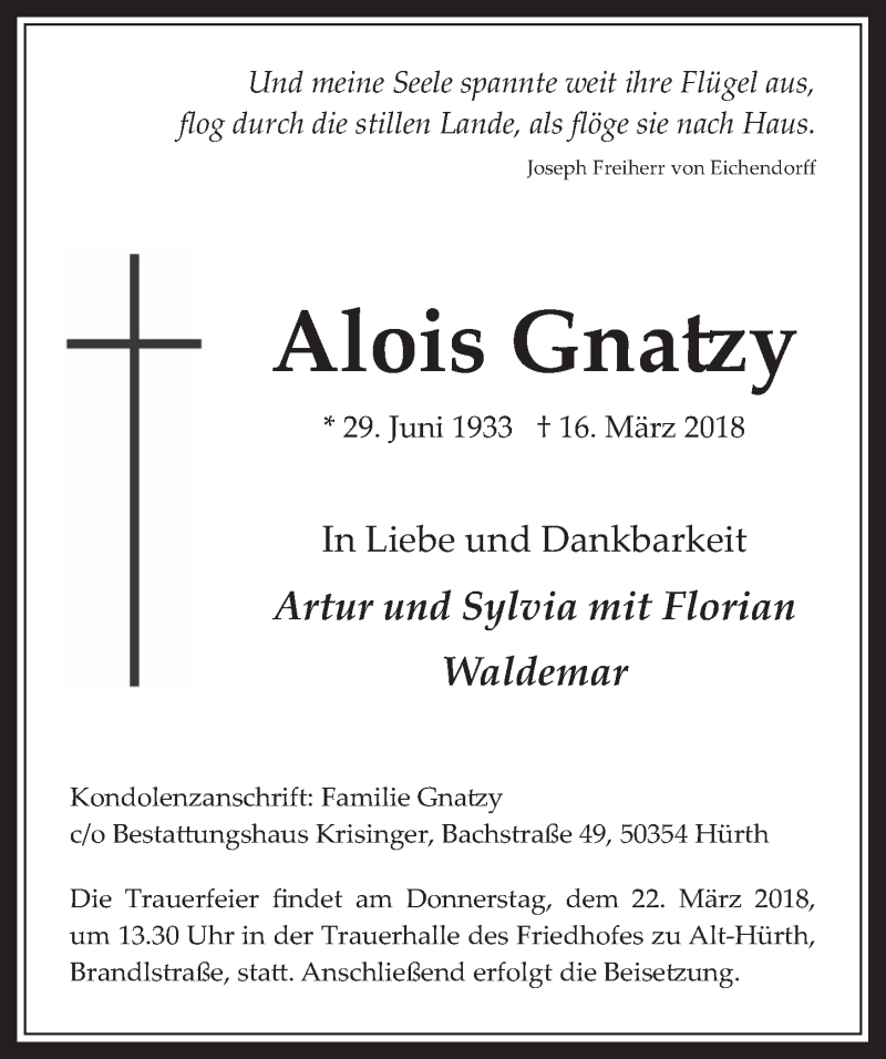  Traueranzeige für Alois Gnatzy vom 21.03.2018 aus  Wochenende 