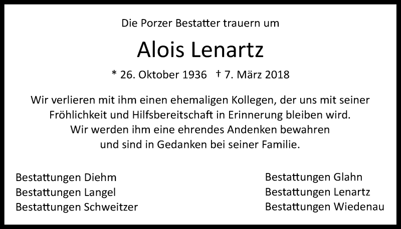  Traueranzeige für Alois Lenartz vom 22.03.2018 aus  Kölner Wochenspiegel 