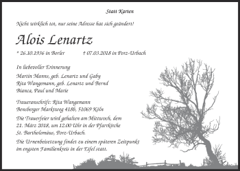 Anzeige von Alois Lenartz von  Kölner Wochenspiegel 