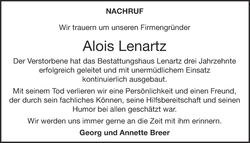  Traueranzeige für Alois Lenartz vom 22.03.2018 aus  Kölner Wochenspiegel 
