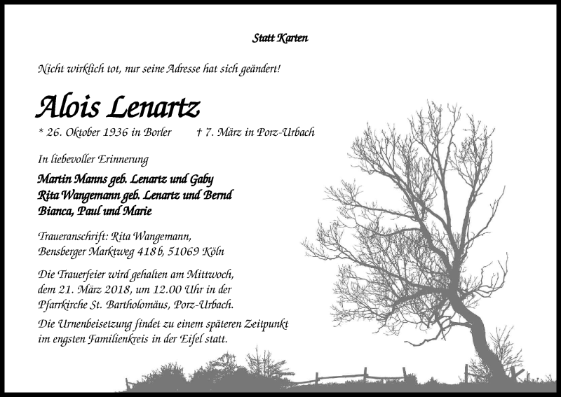  Traueranzeige für Alois Lenartz vom 17.03.2018 aus Kölner Stadt-Anzeiger / Kölnische Rundschau / Express