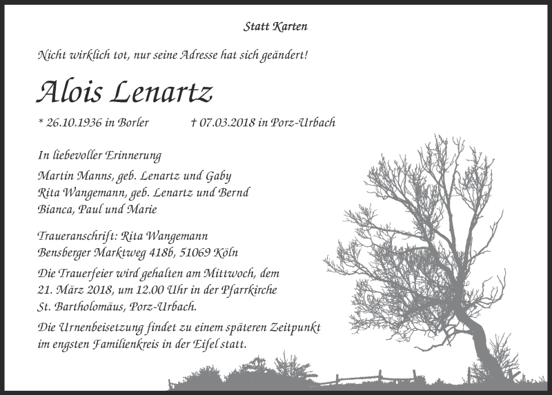  Traueranzeige für Alois Lenartz vom 14.03.2018 aus  Kölner Wochenspiegel 
