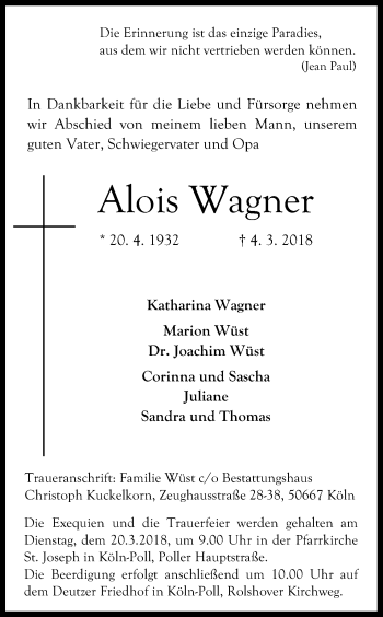 Anzeige von Alois Wagner von Kölner Stadt-Anzeiger / Kölnische Rundschau / Express