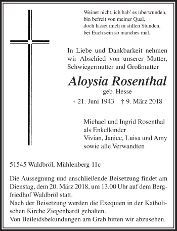 Anzeige von Aloysia Rosenthal von  Lokalanzeiger 