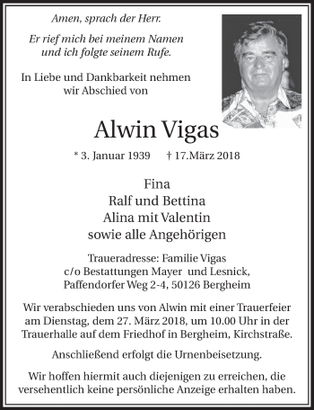 Anzeige von Alwin Vigas von  Sonntags-Post 