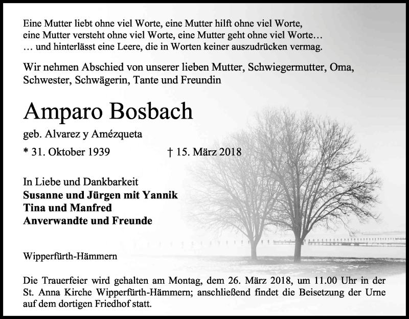  Traueranzeige für Amparo Bosbach vom 21.03.2018 aus Kölner Stadt-Anzeiger / Kölnische Rundschau / Express