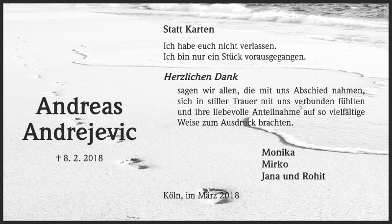  Traueranzeige für Andreas Andrejevic vom 14.03.2018 aus  Kölner Wochenspiegel 