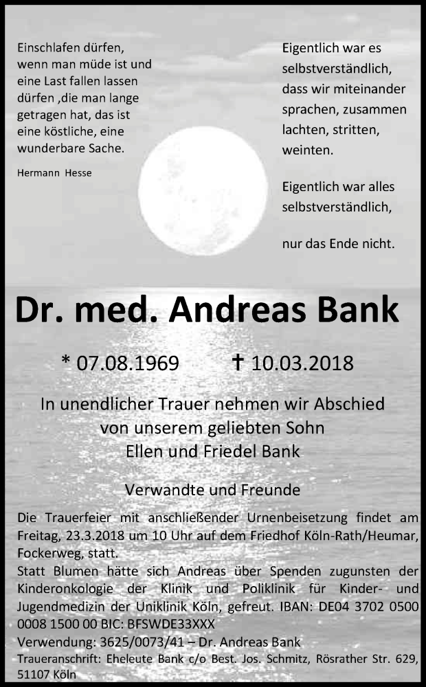  Traueranzeige für Andreas Bank vom 17.03.2018 aus Kölner Stadt-Anzeiger / Kölnische Rundschau / Express