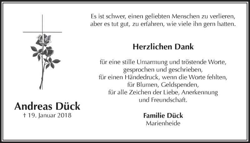  Traueranzeige für Andreas Dück vom 21.03.2018 aus  Anzeigen Echo 