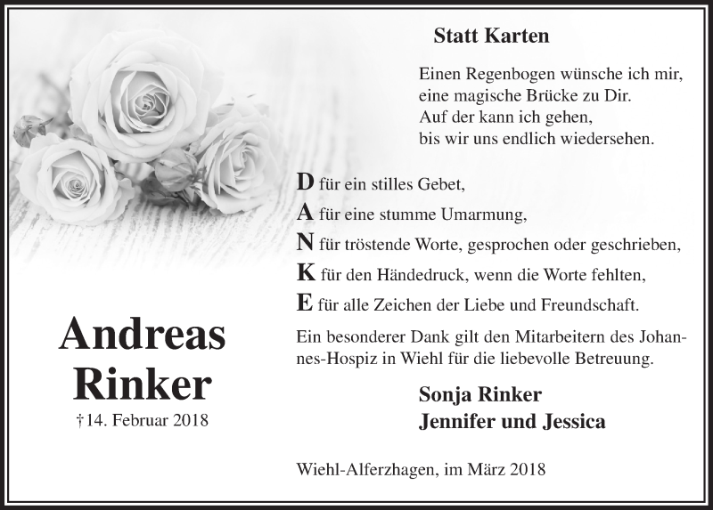  Traueranzeige für Andreas Rinker vom 28.03.2018 aus  Anzeigen Echo 