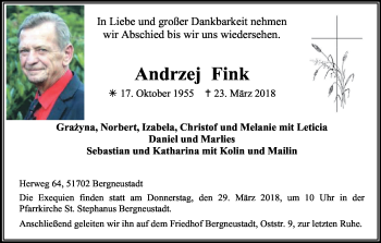 Anzeige von Andrzej Fink von Kölner Stadt-Anzeiger / Kölnische Rundschau / Express