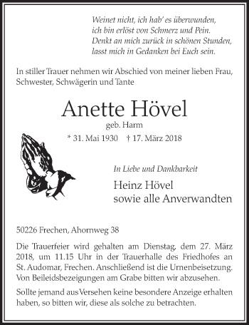 Anzeige von Anette Hövel von  Sonntags-Post 