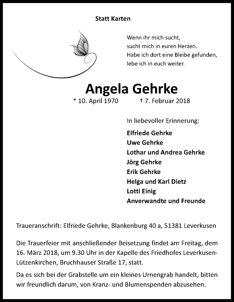  Traueranzeige für Angela Gehrke vom 10.03.2018 aus Kölner Stadt-Anzeiger / Kölnische Rundschau / Express