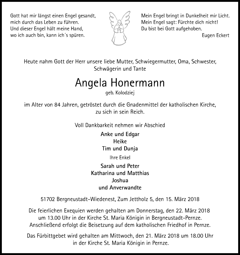  Traueranzeige für Angela Honermann vom 17.03.2018 aus Kölner Stadt-Anzeiger / Kölnische Rundschau / Express