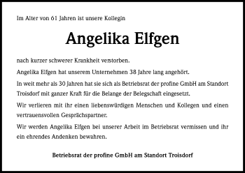 Anzeige von Angelika Elfgen von Kölner Stadt-Anzeiger / Kölnische Rundschau / Express