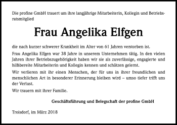 Anzeige von Angelika Elfgen von Kölner Stadt-Anzeiger / Kölnische Rundschau / Express