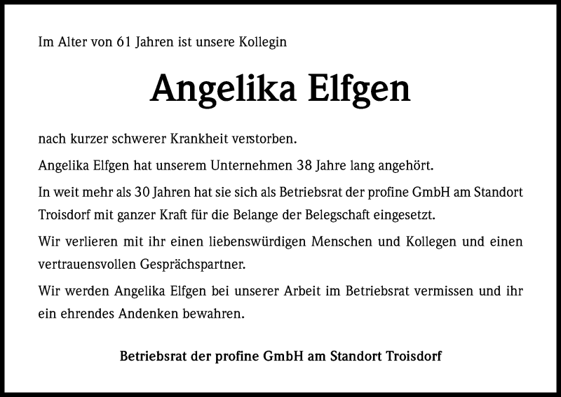  Traueranzeige für Angelika Elfgen vom 03.03.2018 aus Kölner Stadt-Anzeiger / Kölnische Rundschau / Express