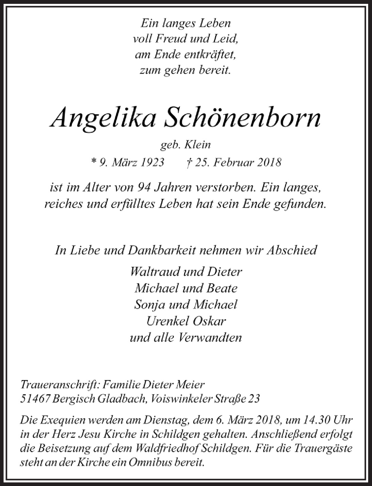  Traueranzeige für Angelika Schönenborn vom 03.03.2018 aus  Bergisches Sonntagsblatt 