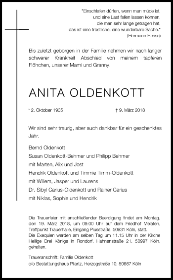 Anzeige von Anita Oldenkott von Kölner Stadt-Anzeiger / Kölnische Rundschau / Express