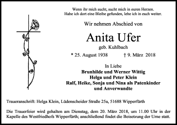 Anzeige von Anita Ufer von Kölner Stadt-Anzeiger / Kölnische Rundschau / Express