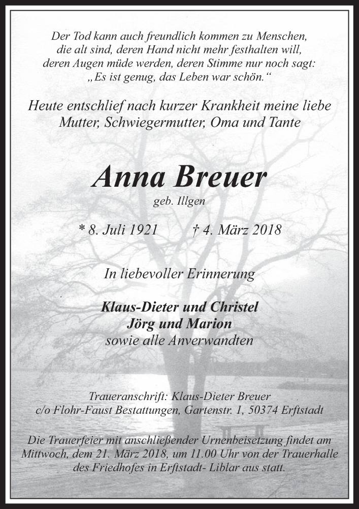  Traueranzeige für Anna Breuer vom 14.03.2018 aus  Werbepost 