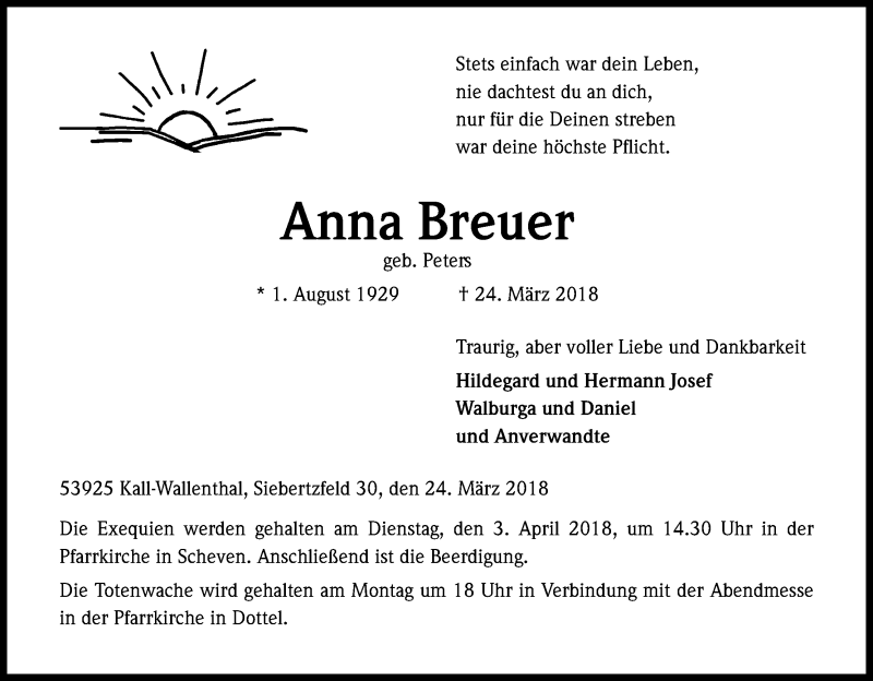  Traueranzeige für Anna Breuer vom 31.03.2018 aus Kölner Stadt-Anzeiger / Kölnische Rundschau / Express