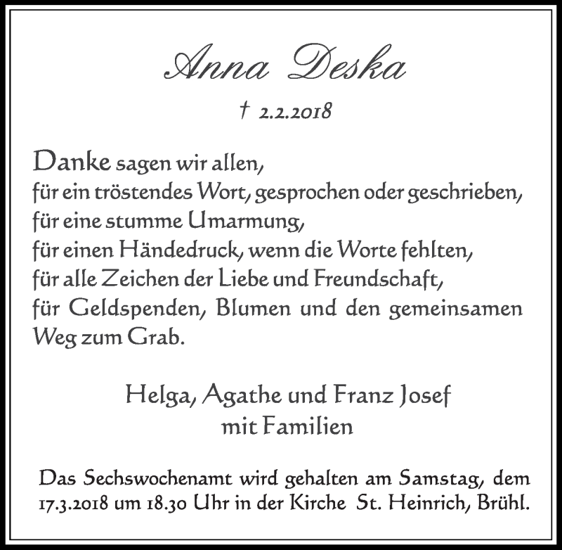  Traueranzeige für Anna Deska vom 07.03.2018 aus  Schlossbote/Werbekurier 