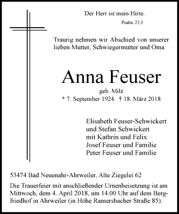 Anzeige von Anna Feuser von  Blickpunkt Euskirchen 