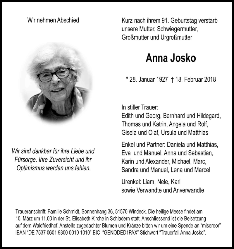  Traueranzeige für Anna Josko vom 03.03.2018 aus Kölner Stadt-Anzeiger / Kölnische Rundschau / Express