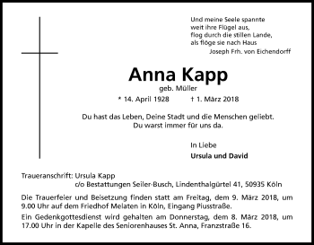 Anzeige von Anna Kapp von Kölner Stadt-Anzeiger / Kölnische Rundschau / Express