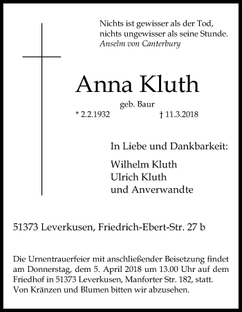 Anzeige von Anna Kluth von Kölner Stadt-Anzeiger / Kölnische Rundschau / Express