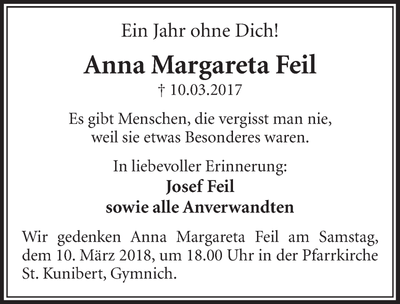  Traueranzeige für Anna Margareta Feil vom 03.03.2018 aus  Sonntags-Post 