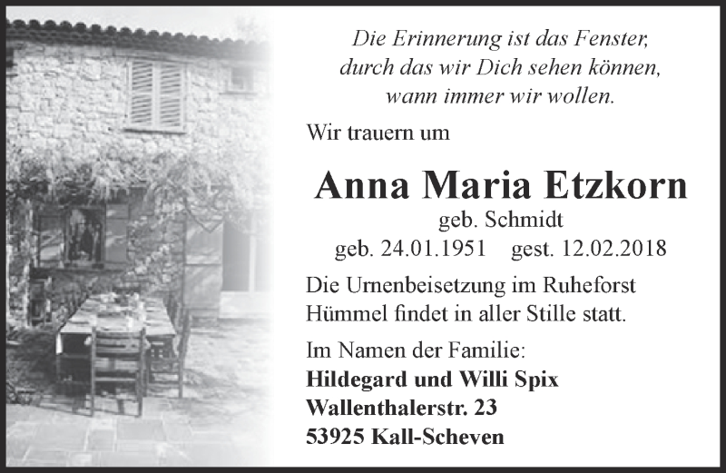  Traueranzeige für Anna Maria Etzkorn vom 07.03.2018 aus  Kölner Wochenspiegel 
