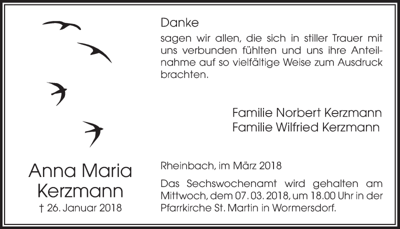  Traueranzeige für Anna Maria Kerzmann vom 07.03.2018 aus  Schaufenster/Blickpunkt 