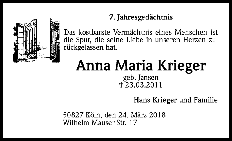  Traueranzeige für Anna Maria Krieger vom 24.03.2018 aus Kölner Stadt-Anzeiger / Kölnische Rundschau / Express