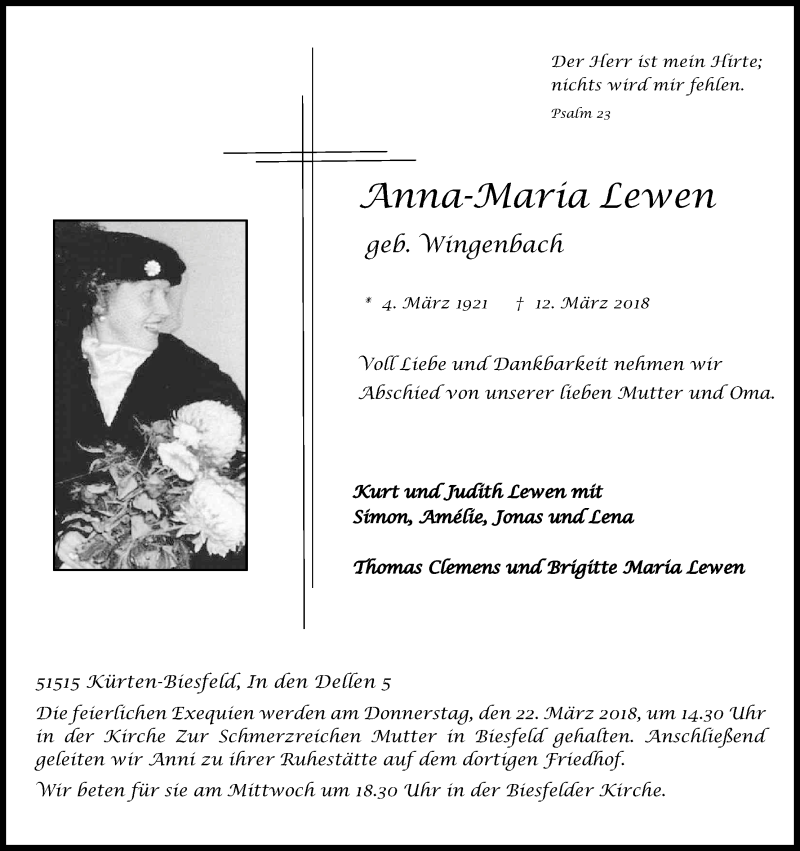  Traueranzeige für Anna Maria Lewen vom 17.03.2018 aus Kölner Stadt-Anzeiger / Kölnische Rundschau / Express